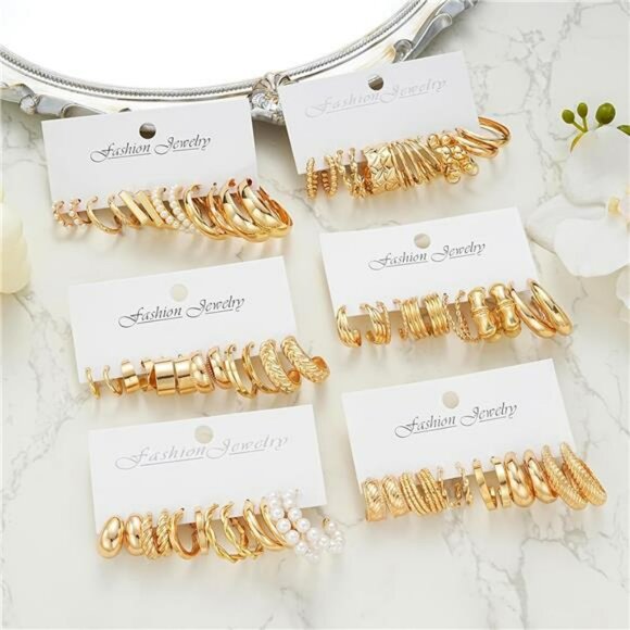 Gold Hoop Earrings Set for Women Chunky Pearl Twisted Statement Jewelry Pack - Picture 5 of 7